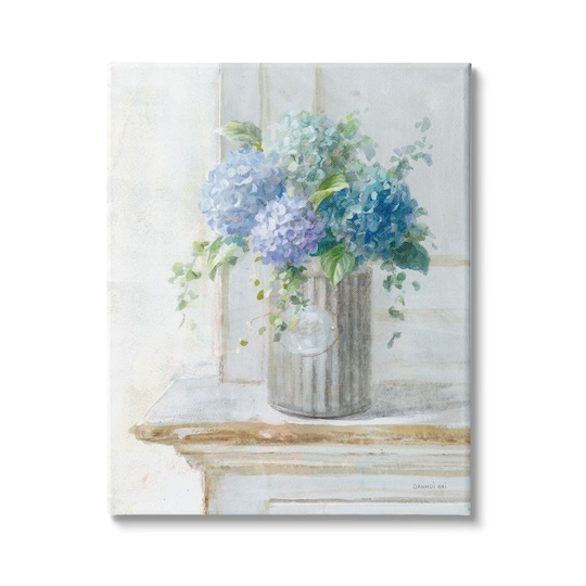 Stupell Industries Blue Hydrangea Bouquet Country Milk Tin Floral Painting Canvas Wall Art